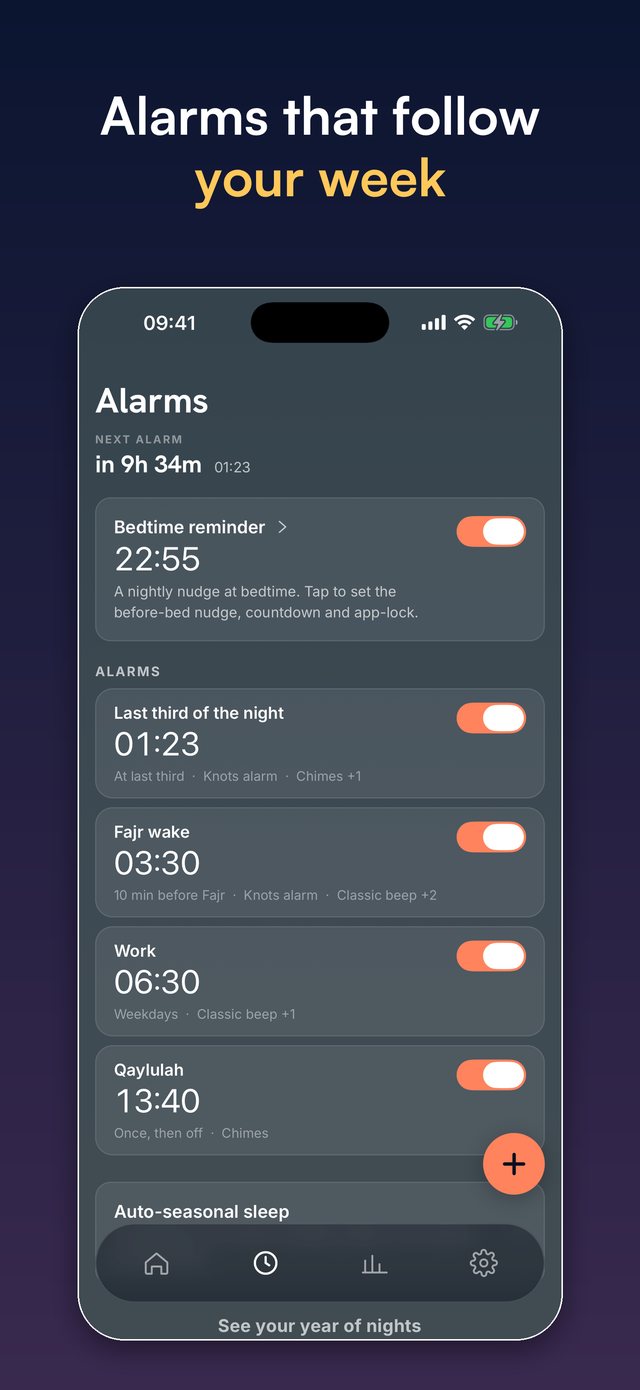 Knots Alarms screen showing Fajr wake, last third of the night, and auto-seasonal sleep