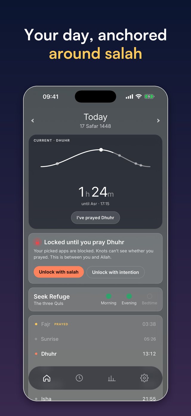 Knots home screen: today's prayer times, locked apps, and Seek Refuge