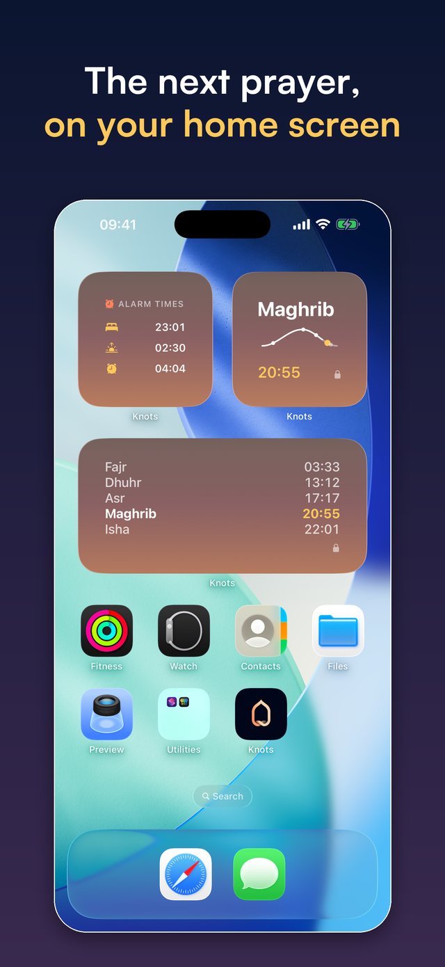 Knots Home Screen widgets showing prayer times and alarms
